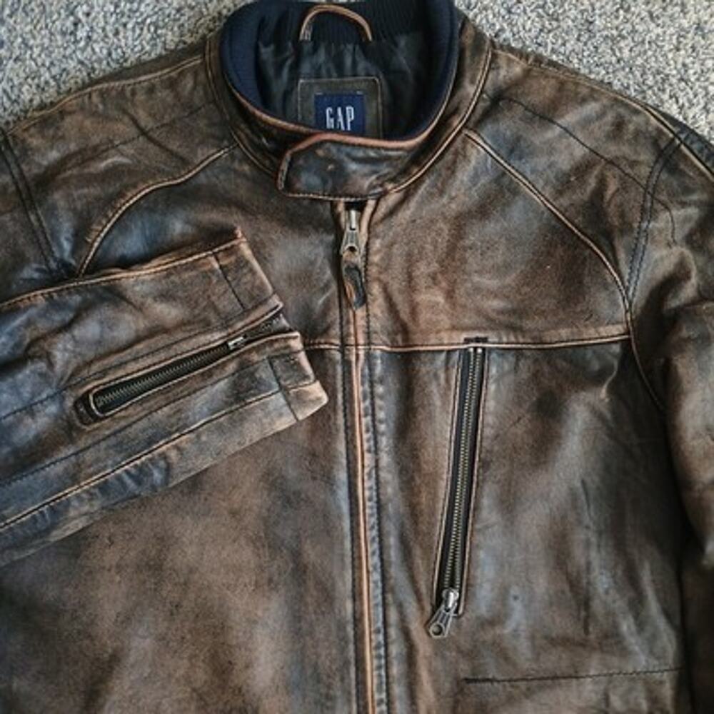 GAP Mens Biker Motorcycle Distressed Brown Cafe Racer Glove Leather Jacket XL